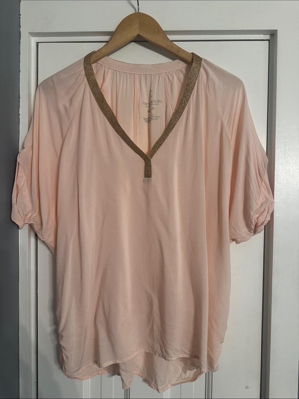 Juicy Couture Relaxed Fit V-Neck Blouse with Glitter Neckline Trim